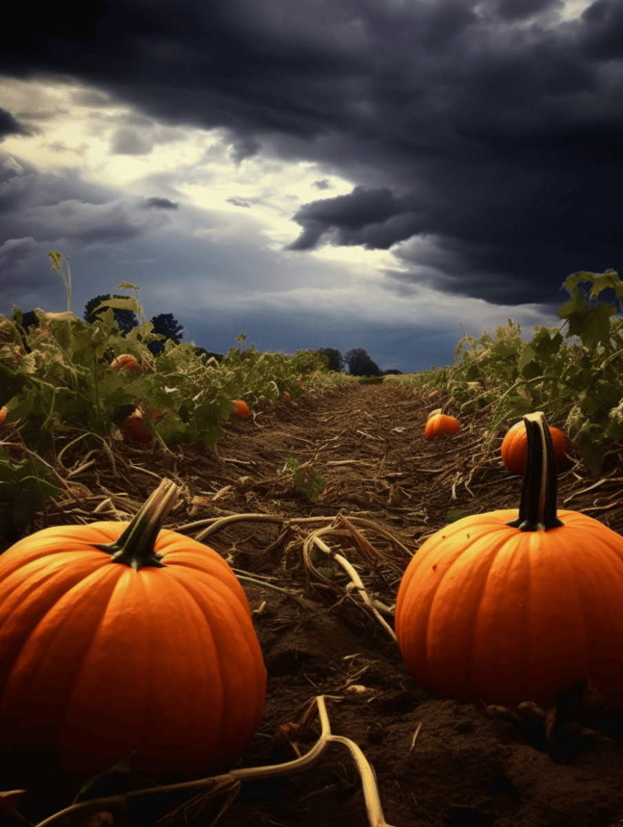 Bright orange pumpkins lie in a field ready to be harvested, under a dramatic sky with dark, billowing clouds signaling an approaching storm ar 3;4
