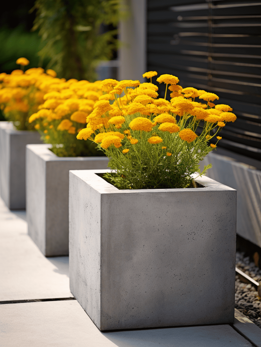 Bright yellow marigolds bloom in a row of minimalist, square concrete planters along a modern walkway, contrasting with the sleek, dark background ar 3:4