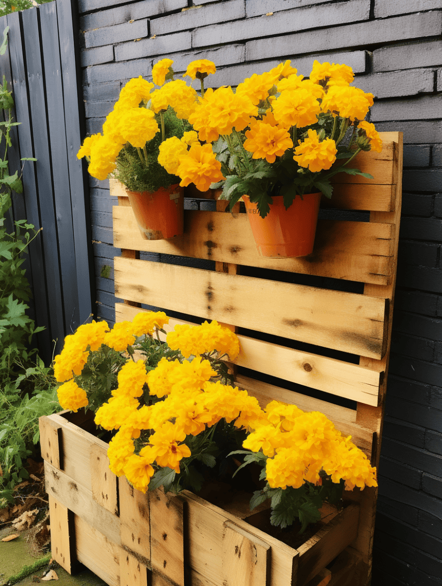 Bright yellow marigolds burst from terracotta pots nestled in multi-tiered wooden pallet planters against a dark brick wall, with verdant foliage peeking out from the edges ar 3:4
