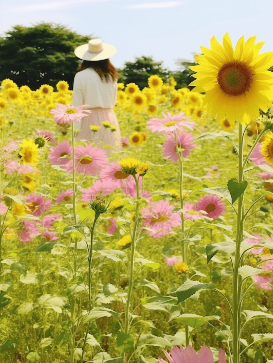 Bright yellow sunflowers and soft pink cosmos reach towards the sky in a lush field, creating a vibrant tapestry of color and life ar 3:4