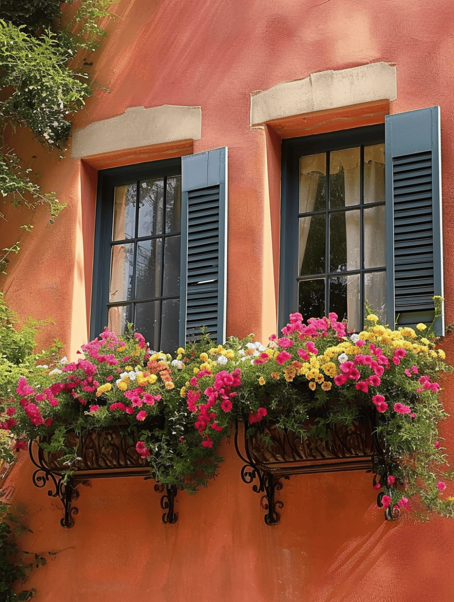 Bursts of colorful flowers in shades of pink, yellow, and red fill two ornate window boxes beneath shuttered windows on a vibrant terracotta-colored wall, creating a picturesque and inviting Mediterranean-style facade ar 3:4