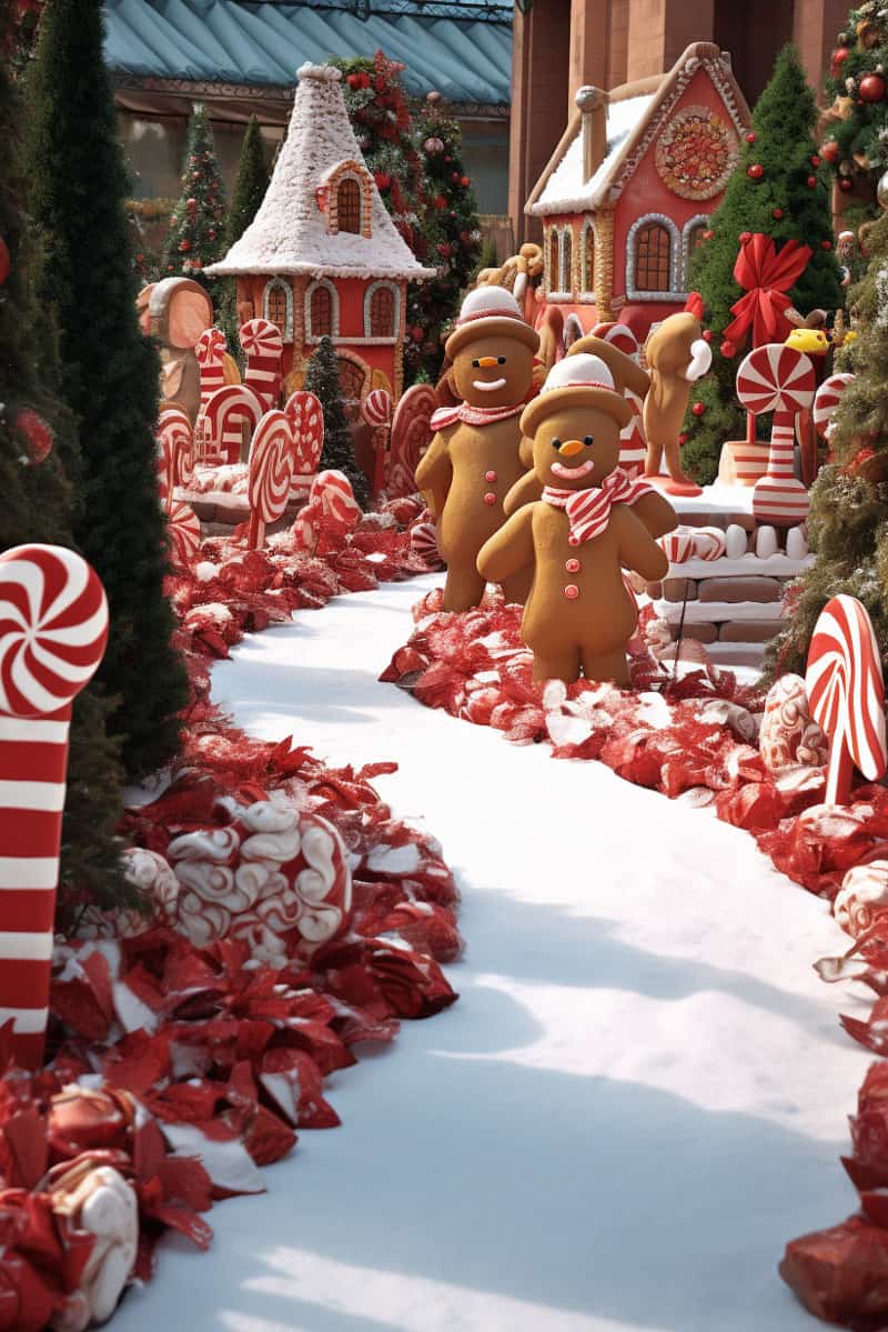 The gingerbread decorations are red, in the style of impressionist gardens