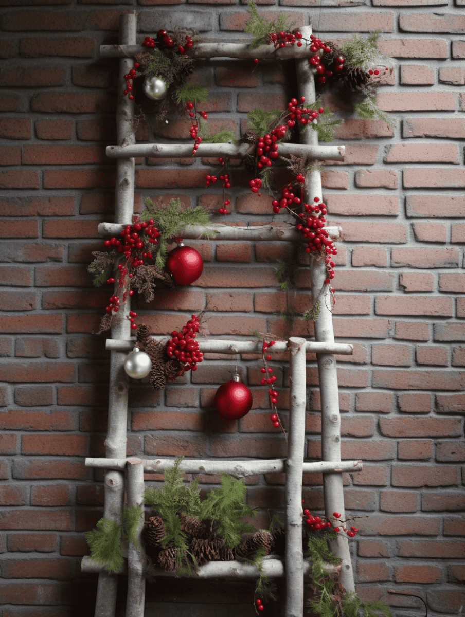 A cascade of bright red winterberries takes center stage on a unique birch ladder decoration, where moss, pine cones, silver baubles, and a few festive ornaments, including a red star and a pine cone, add to the holiday charm, all set against a textured brick wall