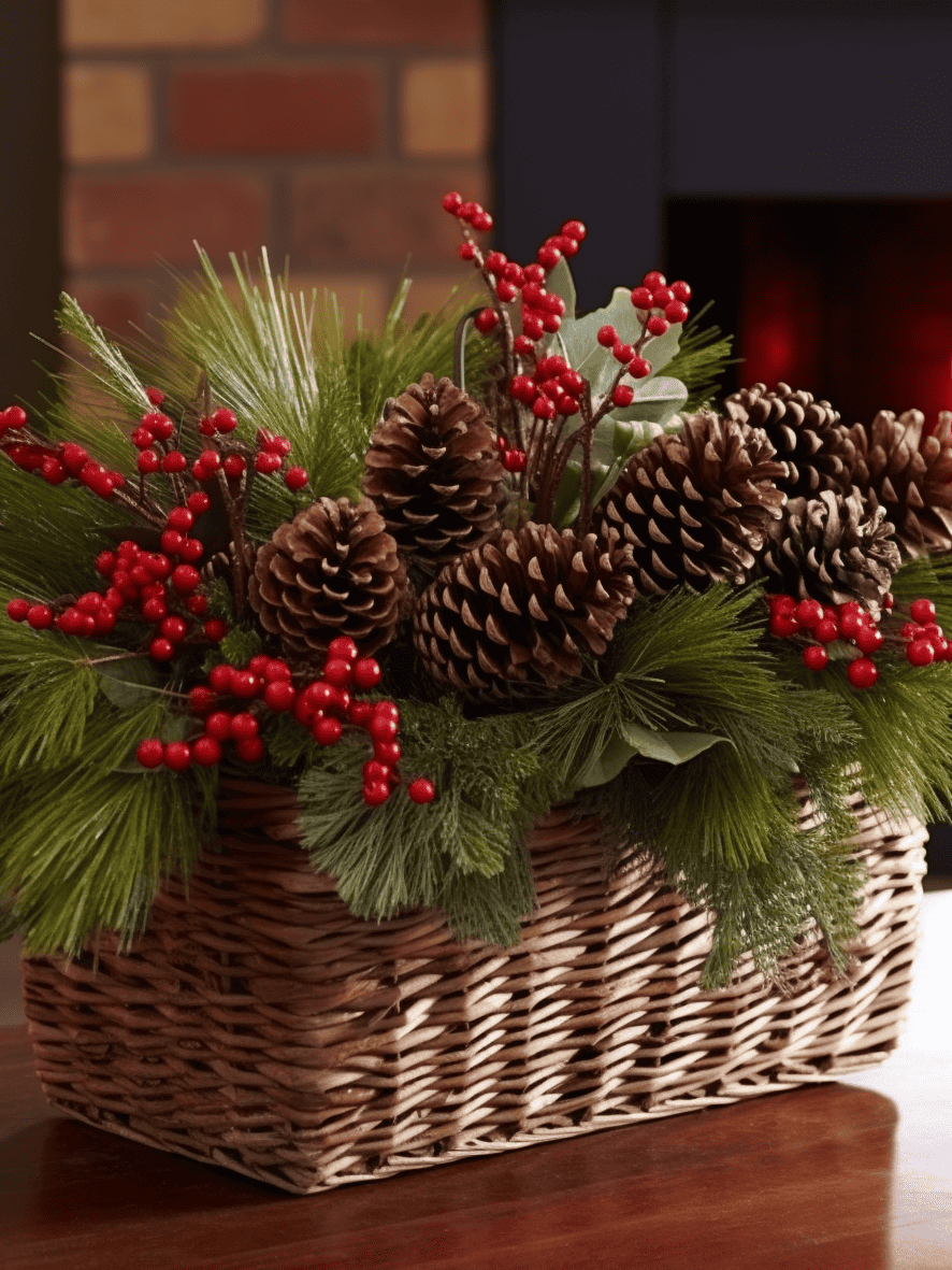 A festive holiday centerpiece composed of lush green pine branches, dotted with vibrant winter berries and scattered with a collection of natural brown pine cones, is neatly arranged in a woven rectangular wicker basket, set against the warm backdrop of a cozy, glowing fireplace