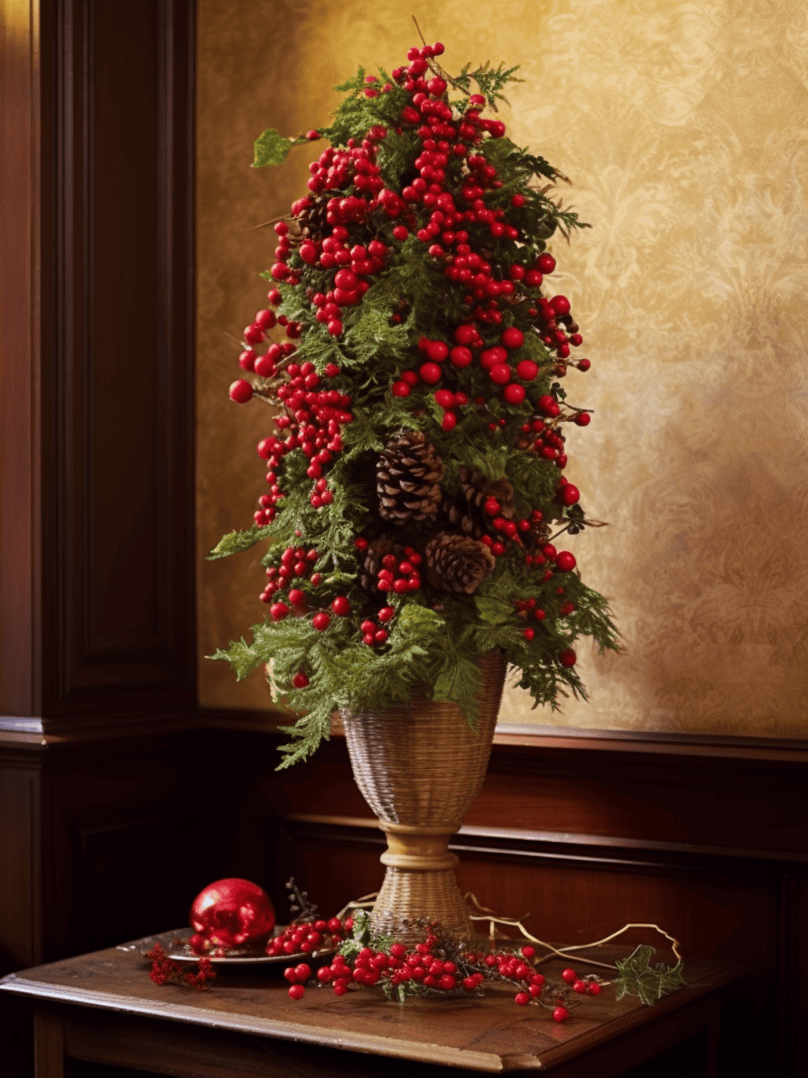 An elaborate Christmas topiary stands tall on a dark wooden table, densely packed with radiant winter berries and interspersed with green foliage and pine cones, all mounted on a natural tree trunk, creating a warm and traditional holiday display in a cozy interior setting