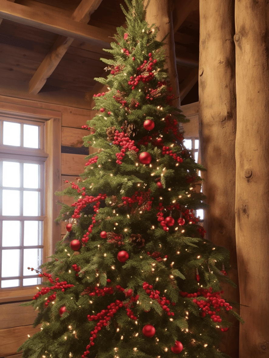 A lush green Christmas tree is adorned with clusters of vibrant winter berries and interspersed with twinkling white lights, pine cones, and trailing greenery, set against a rustic backdrop with visible wooden beams