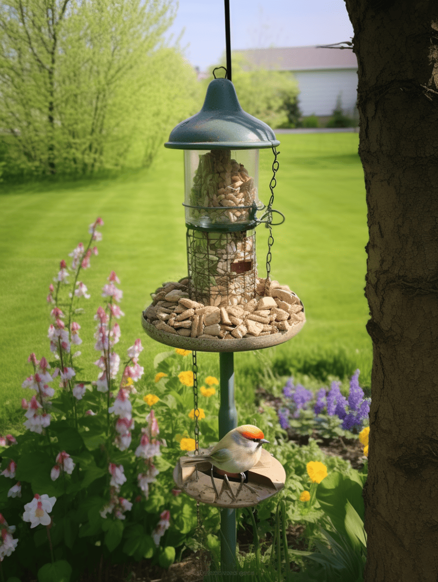 A circular tray of a bird feeder, filled with peanuts and set against a backdrop of lush green grass, colorful flowers, and a sunlit tree trunk to the right ar 3:4