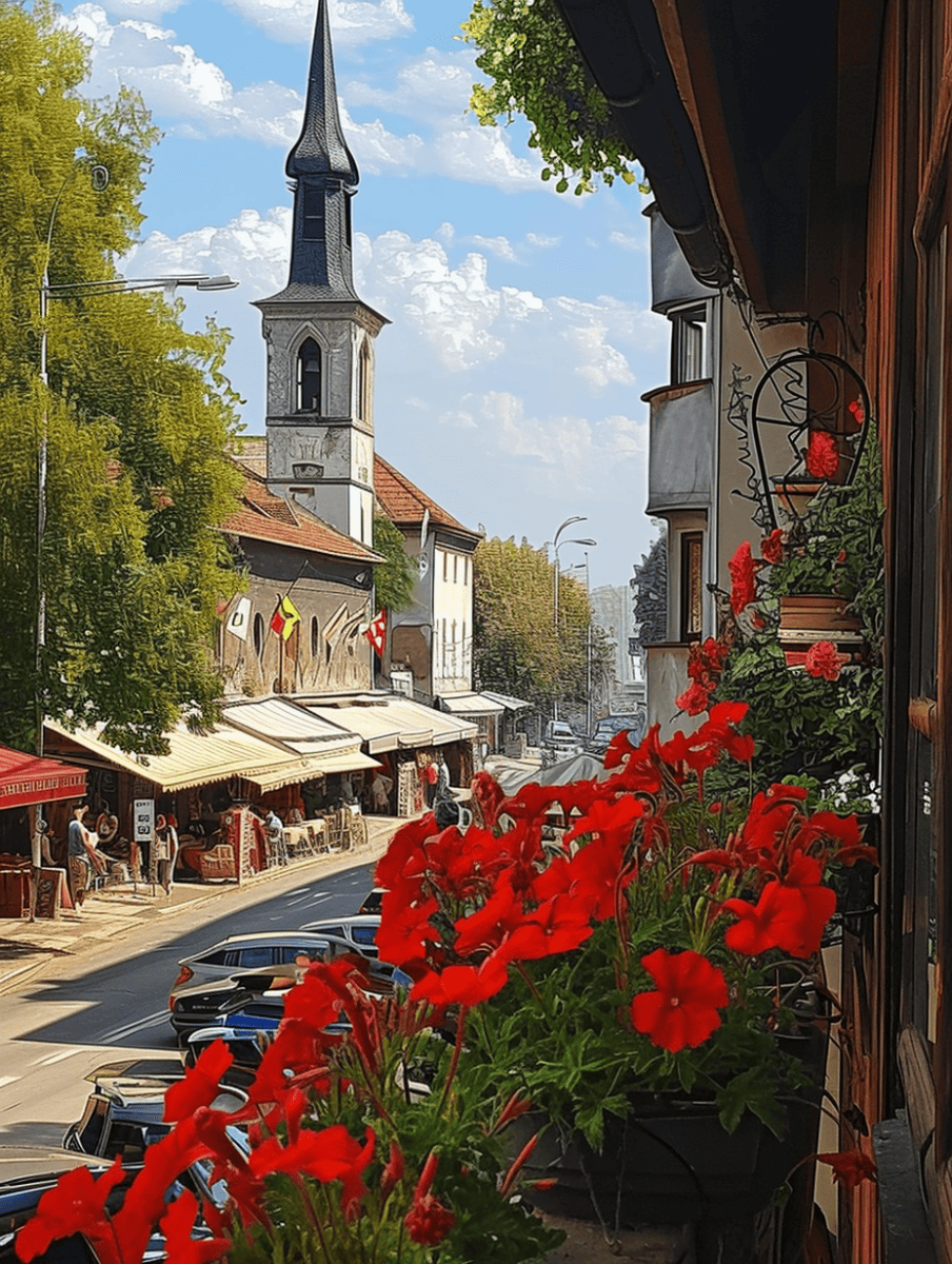 This city scene captures the vibrancy of street life with a foreground of brilliant red flowers in a planter, a view down a busy street lined with shops and flags, and the elegant spire of a church tower rising gracefully against a backdrop of trees and blue sky ar 3:4