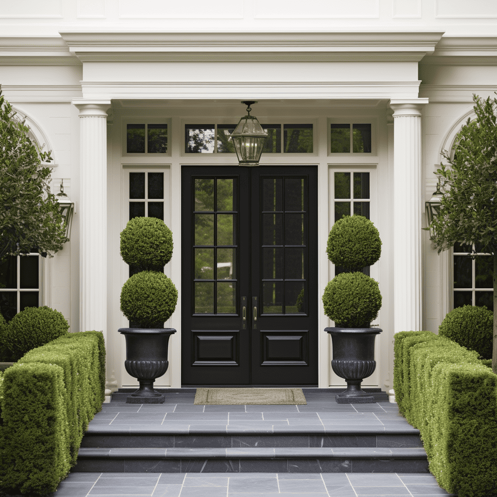 Classic Boxwood Symmetry creating an evergreen frame around the front door that screams timeless elegance