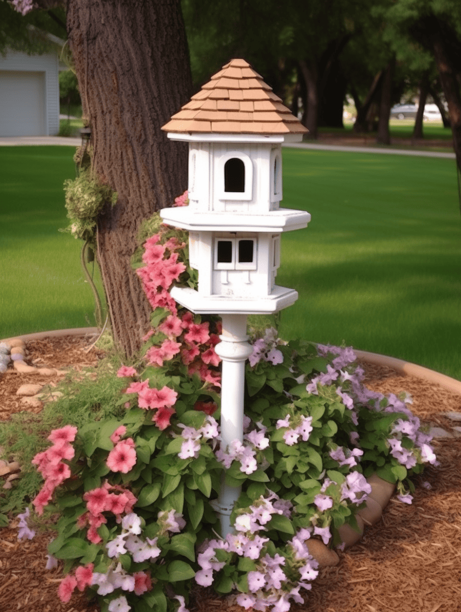A classic white bird feeder with a brown shingled roof stands atop a post surrounded by a vibrant array of pink and lavender flowers, set against the backdrop of a large tree trunk and a well-manicured, lush green lawn ar 3:4