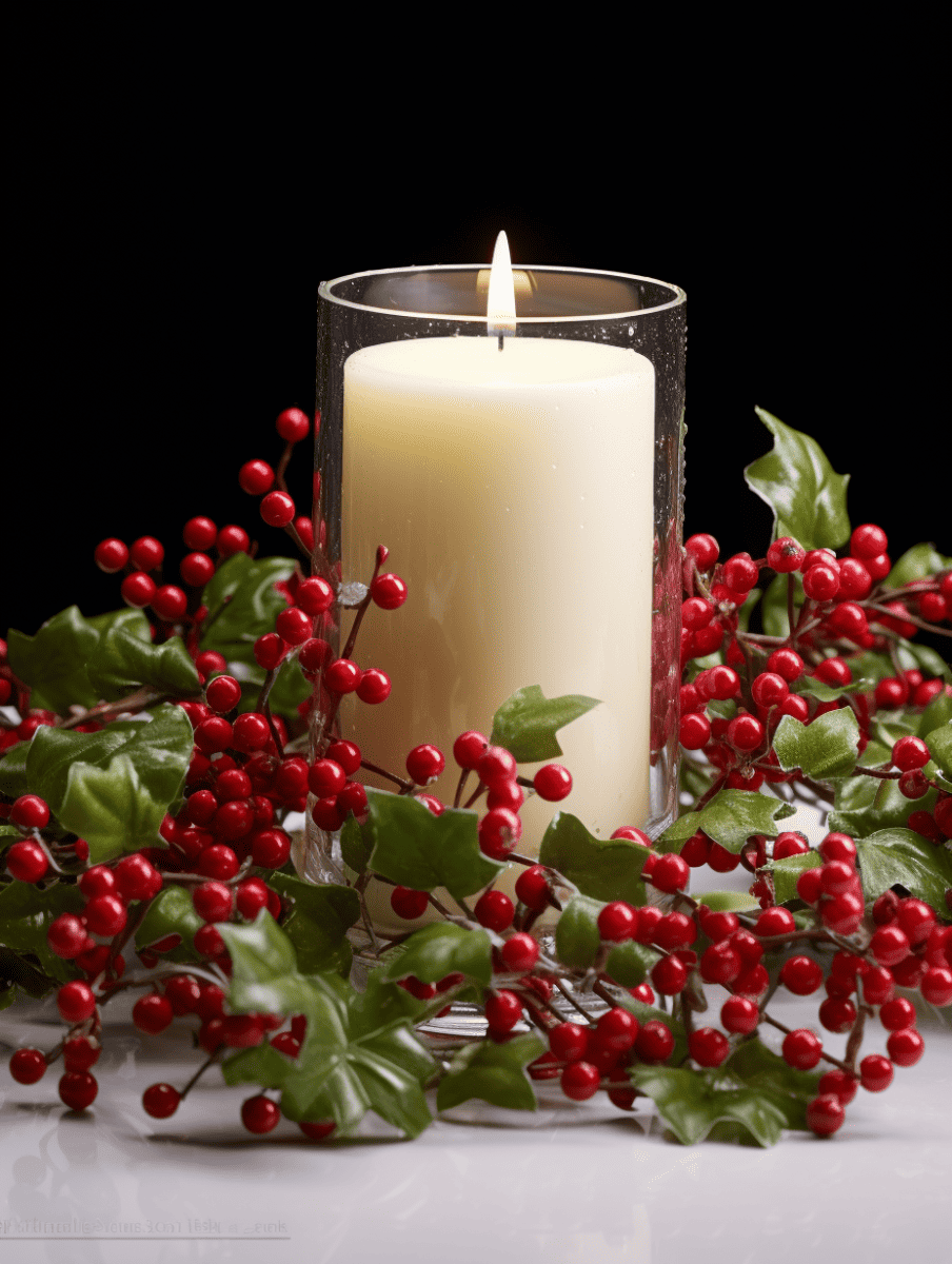 A clear glass holds a creamy white candle surrounded by a vibrant spray of winter berries and green leaves, with a matching berry wreath in the background, all set against a pure white surface
