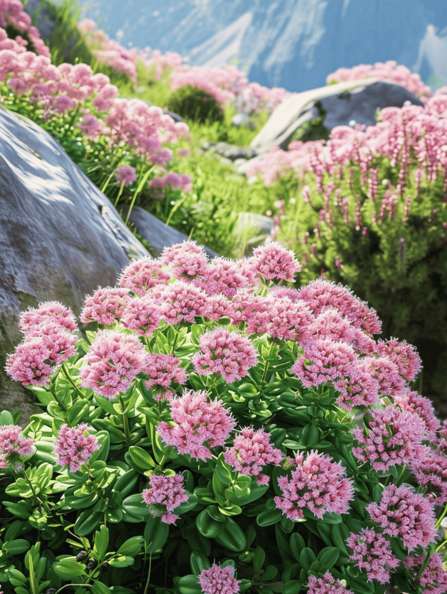 Clusters of pink sedum flowers bloom profusely among fleshy green leaves, with large stones and a mountainous backdrop enhancing the natural rugged beauty of the scene ar 3:4