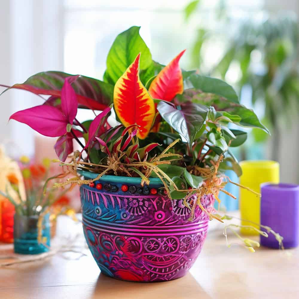 Colorful Boho Planter: Mix bright, bohemian colors with unconventional holiday plants for a fun and festive look