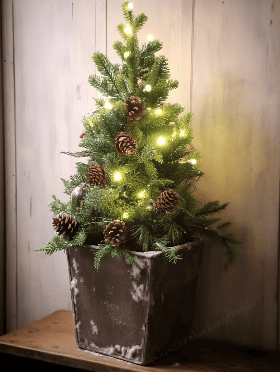 Small Christmas tree with lights and pinecones in a rustic metal pot