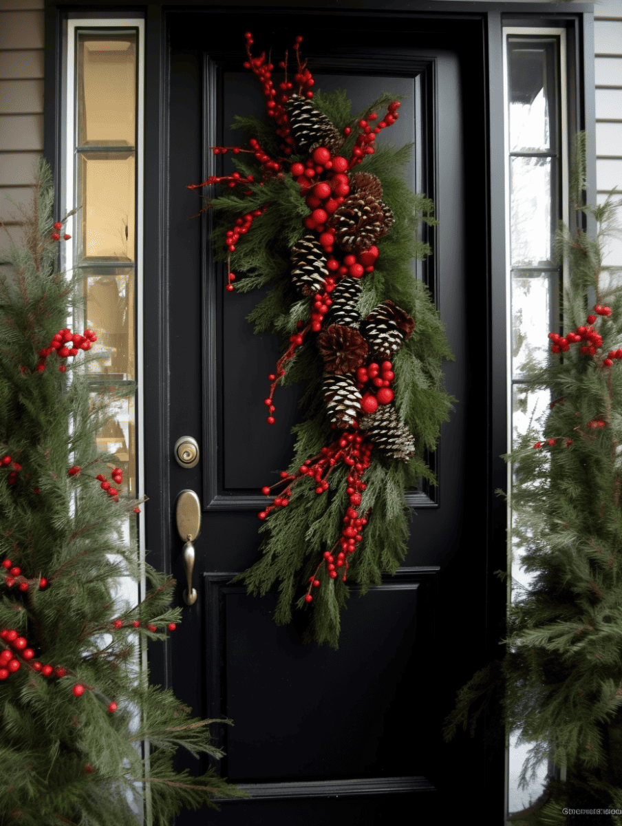 Black door with vertical holiday garland featuring red berries and pinecones