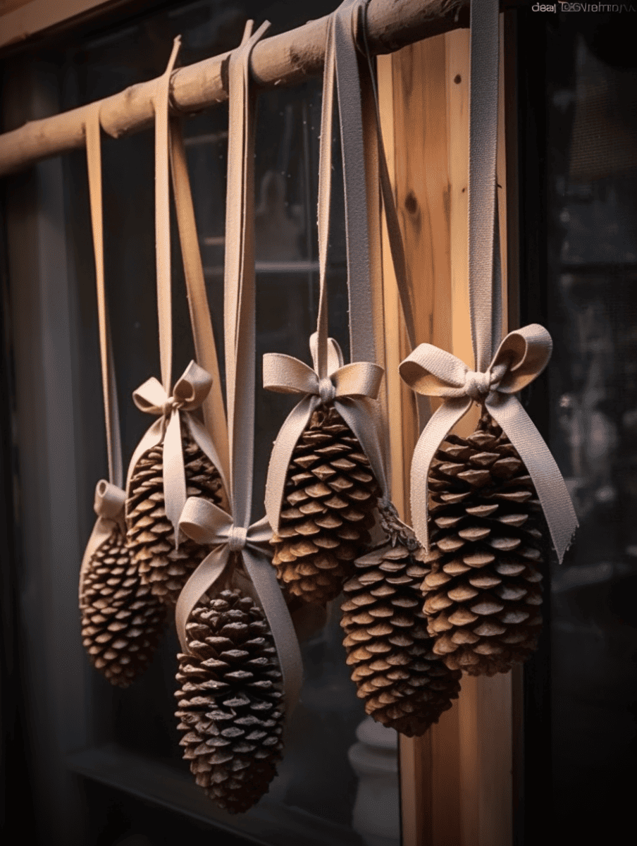 Pinecones with cream ribbons hanging from a wooden ladder against a window