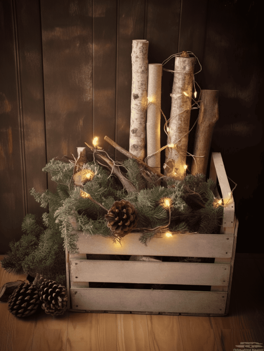 Wooden crate with birch logs, pinecones, greenery, and twinkling lights