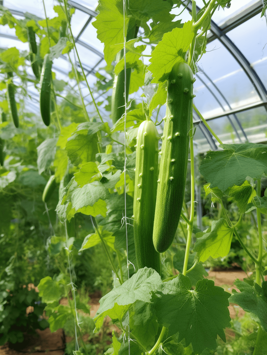 Cucumbers hanging from a vine with large green leaves, growing vertically on a trellis in a greenhouse setting ar 3:4