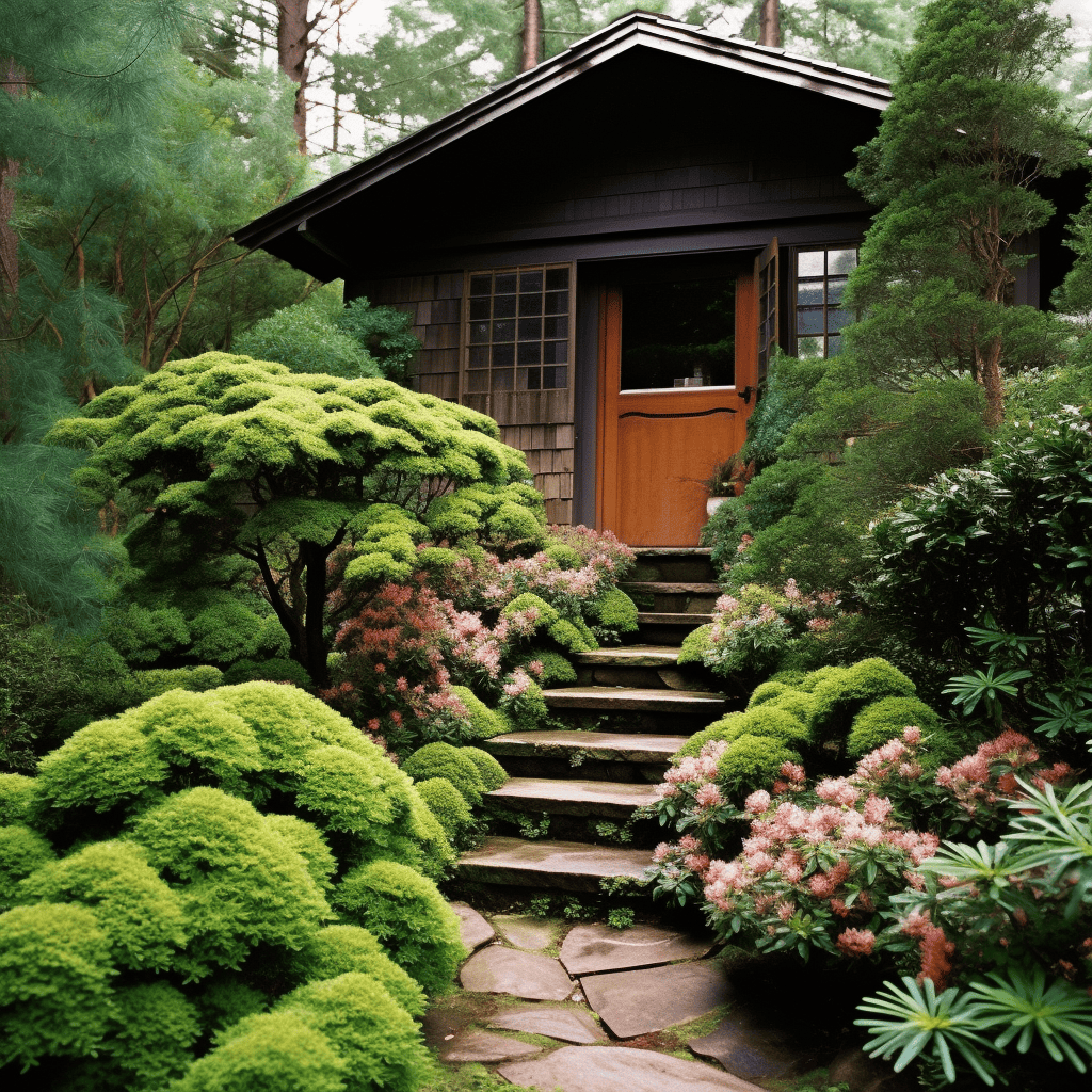 Dwarf Hinoki Cypress and big evergreens flanking the door walkway with lots of low-growing flowers