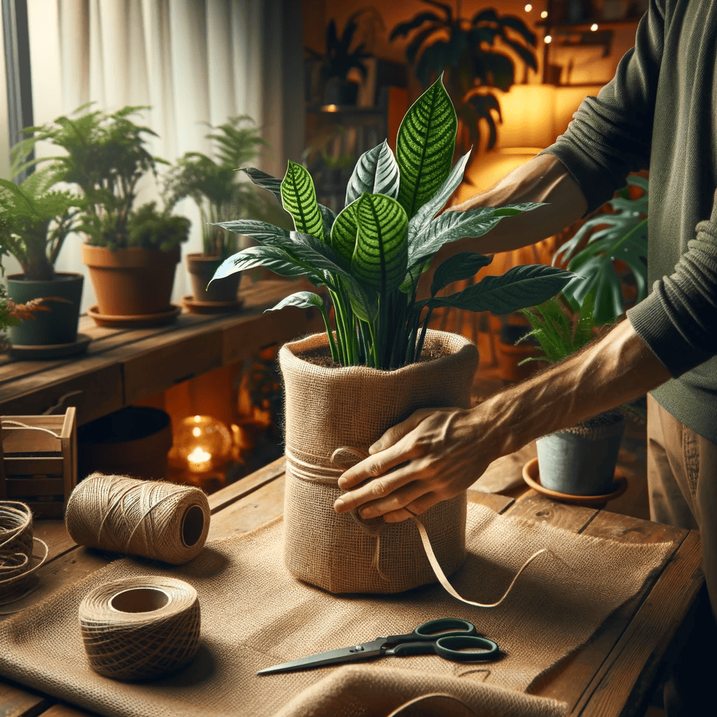 indoor houseplant with lush green leaves is being gift-wrapped in natural burlap and twine