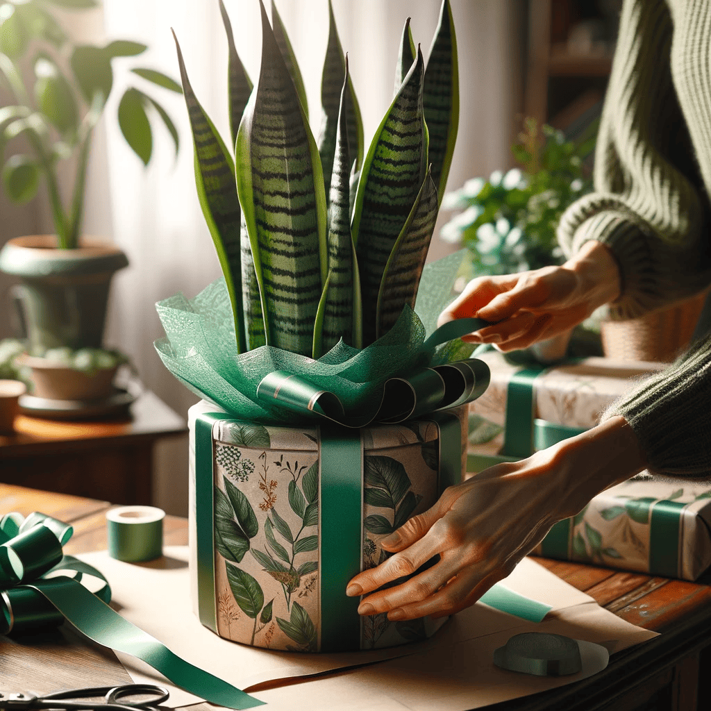 snake plant being gift wrapped 