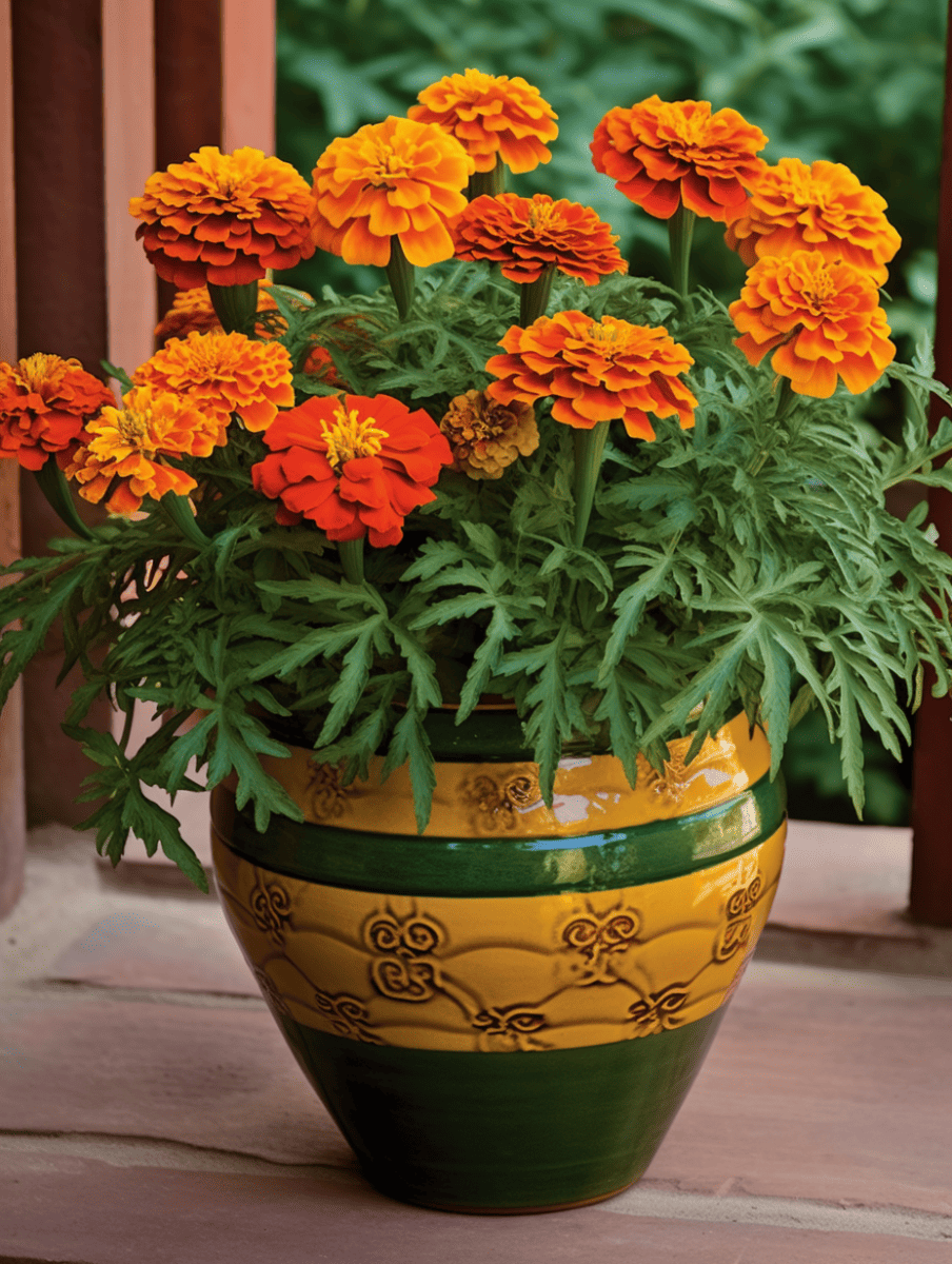 A decorative green and yellow patterned pot hosts a cluster of vivid orange marigolds with layered petals, set against a backdrop of soft green leaves and a wooden structure with red hues ar 3:4