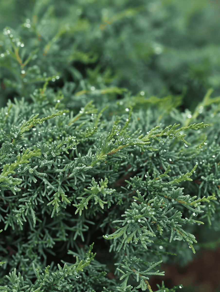 Delicate droplets of water bead on the needle-like leaves of creeping junipers, creating a refreshing and dewy texture over the dense, evergreen foliage ar 3:4