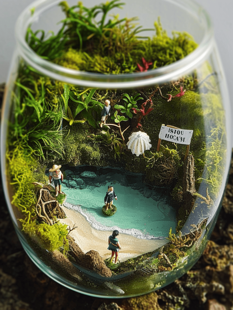 Displayed within a transparent bowl, this scene features a miniature sea shore setting, complete with textured sand, an artificial pool, and various moss types creating a lush green backdrop for tiny human figures positioned as if enjoying the seaside ar 3:4