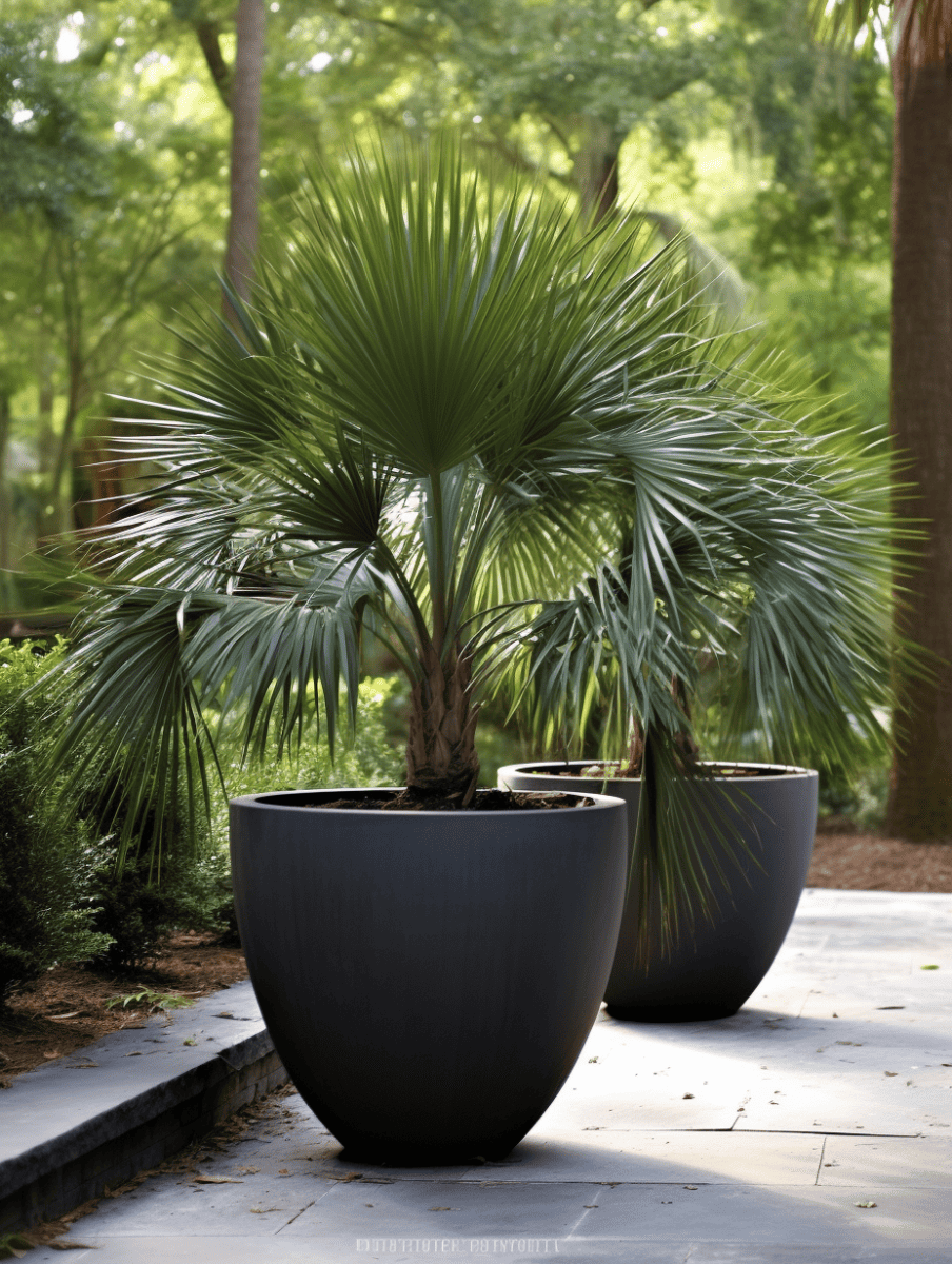 Dwarf Palmetto with slender trunks and vibrant green, fan-shaped fronds are showcased in sleek, oversized black planters along a stone pathway, with the dappled light of a lush garden backdrop ar 3:4