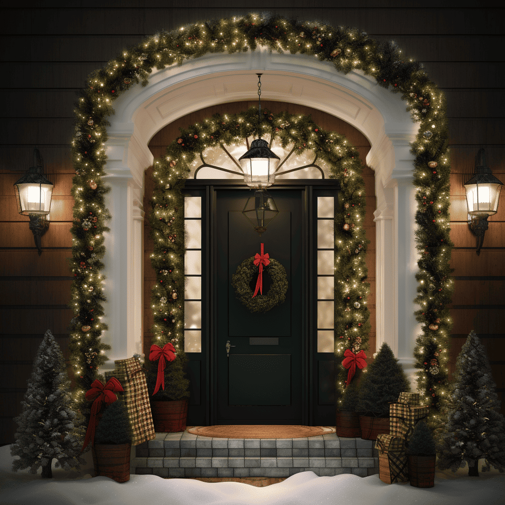 elegant archway with evergreens around a front door made of pine, fir, and holly for a varied look. and string light