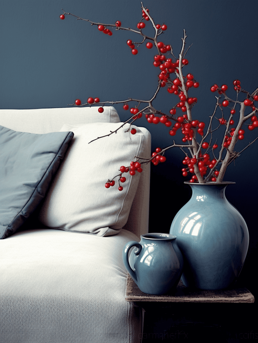 An elegant, matte blue jar on a textured blue-gray ottoman spills over with slender branches dotted with bright winter berries, set against a couch adorned with cream and gray pillows