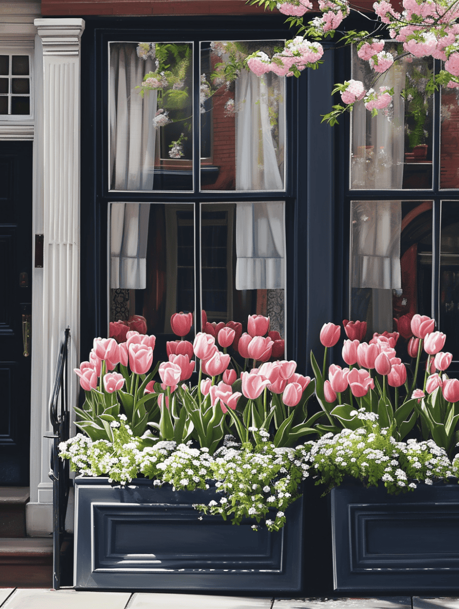 Elegant tulips in shades of pink stand tall in window boxes against a chic, dark-paneled building, complemented by delicate white blossoms and framed by a striking cherry blossom branch in full bloom above, evoking a classic, refined streetscape ar 3:4