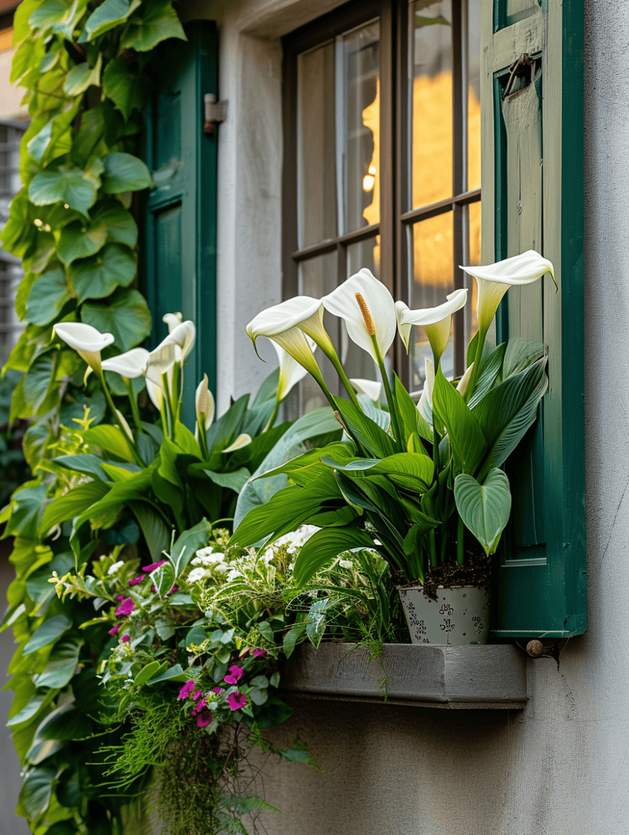 Elegant white calla lilies with large, curved blooms and broad green leaves are arranged in a rustic planter, complemented by smaller white and purple flowers, against a backdrop of a green window shutter and ivy climbing the wall, capturing a tranquil corner at dusk ar 3:4