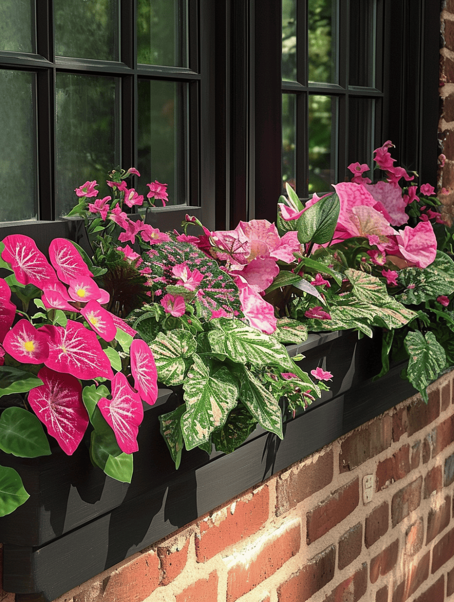 A black window box affixed to a brick wall holds large, striking pink leaves that stand out against an assortment of smaller pink blossoms and variegated foliage, complementing the dark window frames above ar 3:4