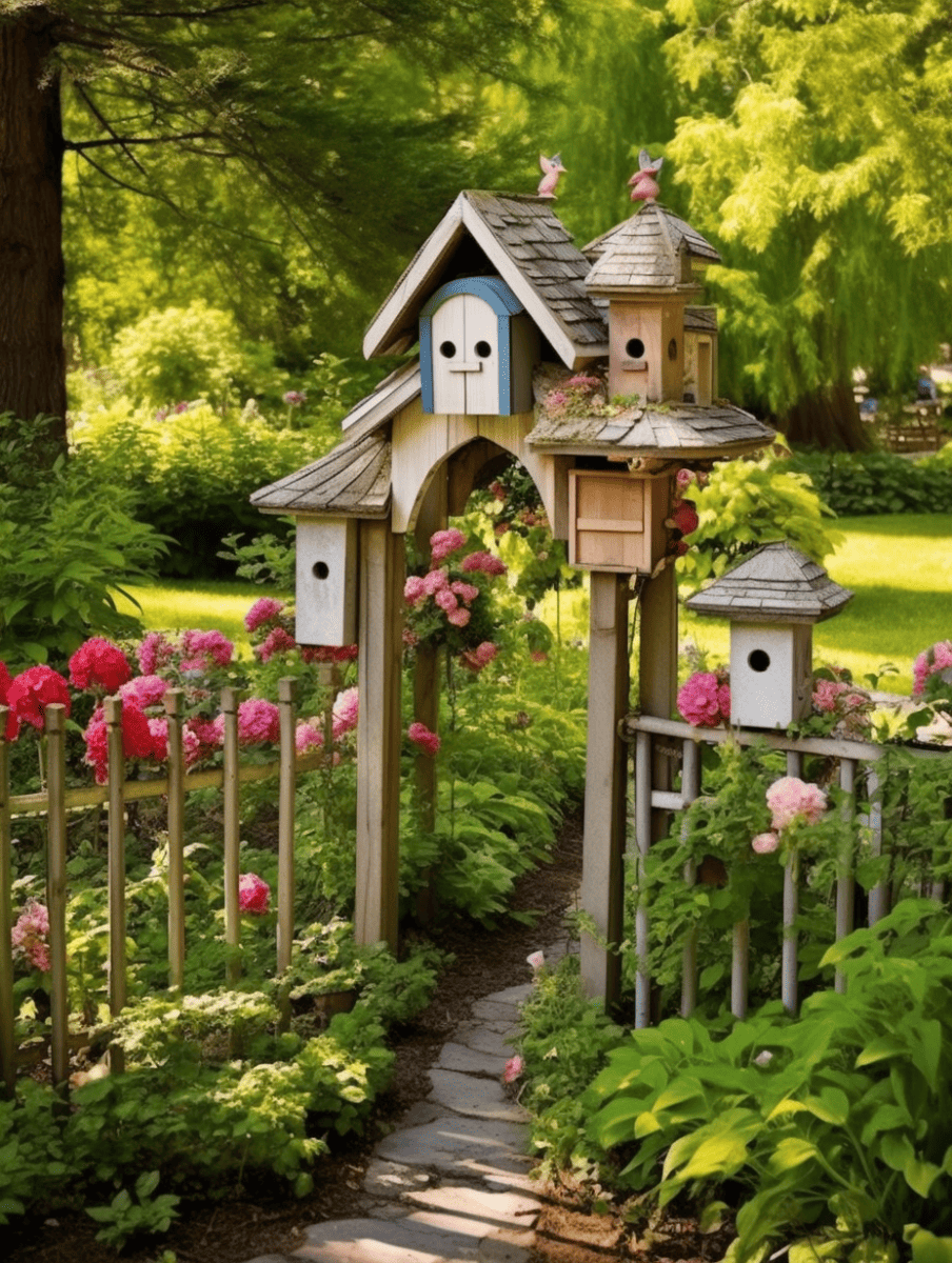 An enchanting garden pathway leads to an arched wooden trellis adorned with a collection of quaint bird feeders, surrounded by lush greenery and vibrant pink blooms, evoking a whimsical fairytale setting ar 3:4