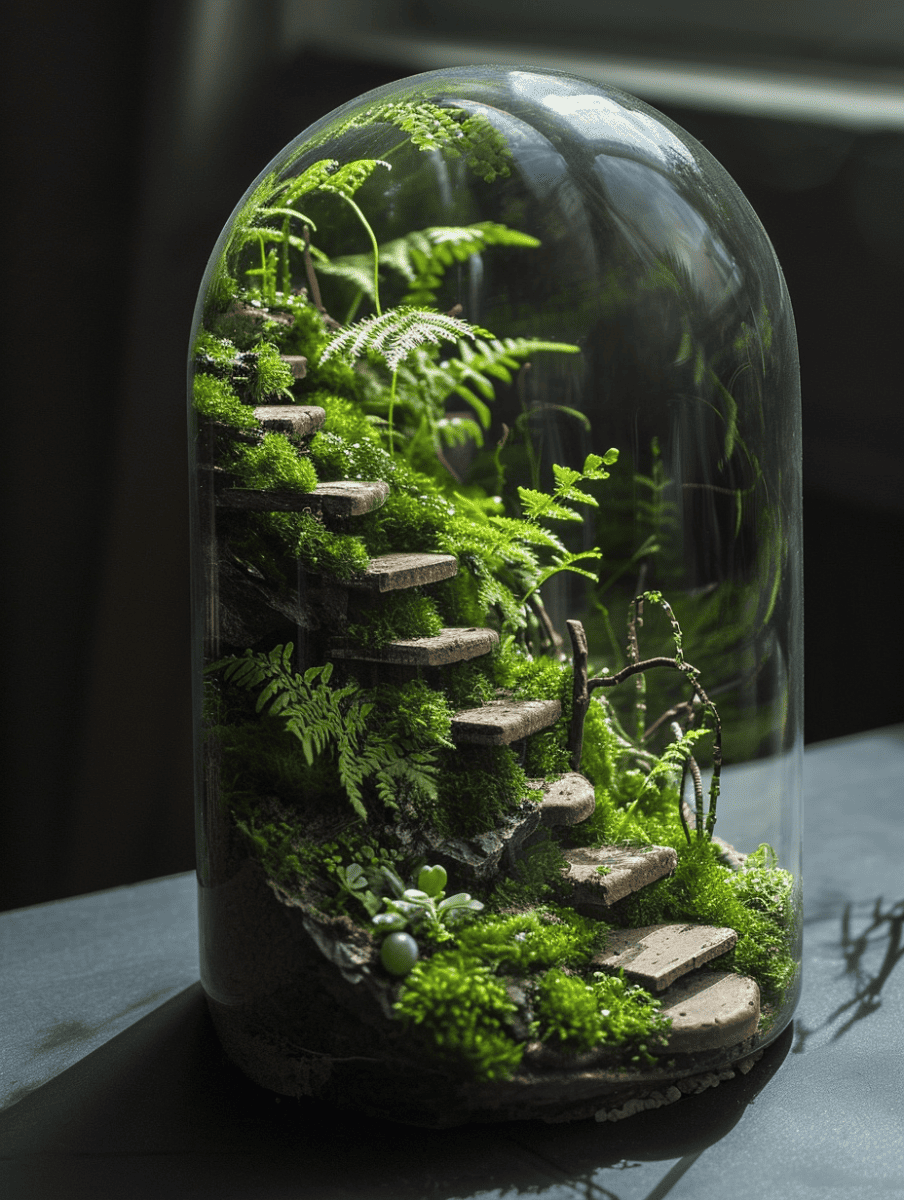 Enclosed in a bell-shaped glass terrarium is a lush arrangement of moss and ferns, with a feature of quaint, miniature steps crafted from wood slices ar 3:4