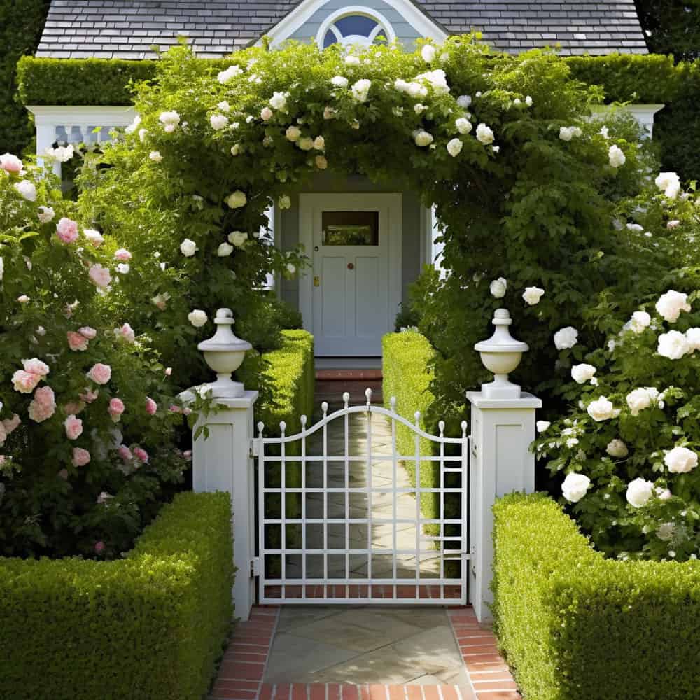 English garden gate front door Boxwood shrubs can be neatly trimmed on either side for a formal touch, while rambling roses