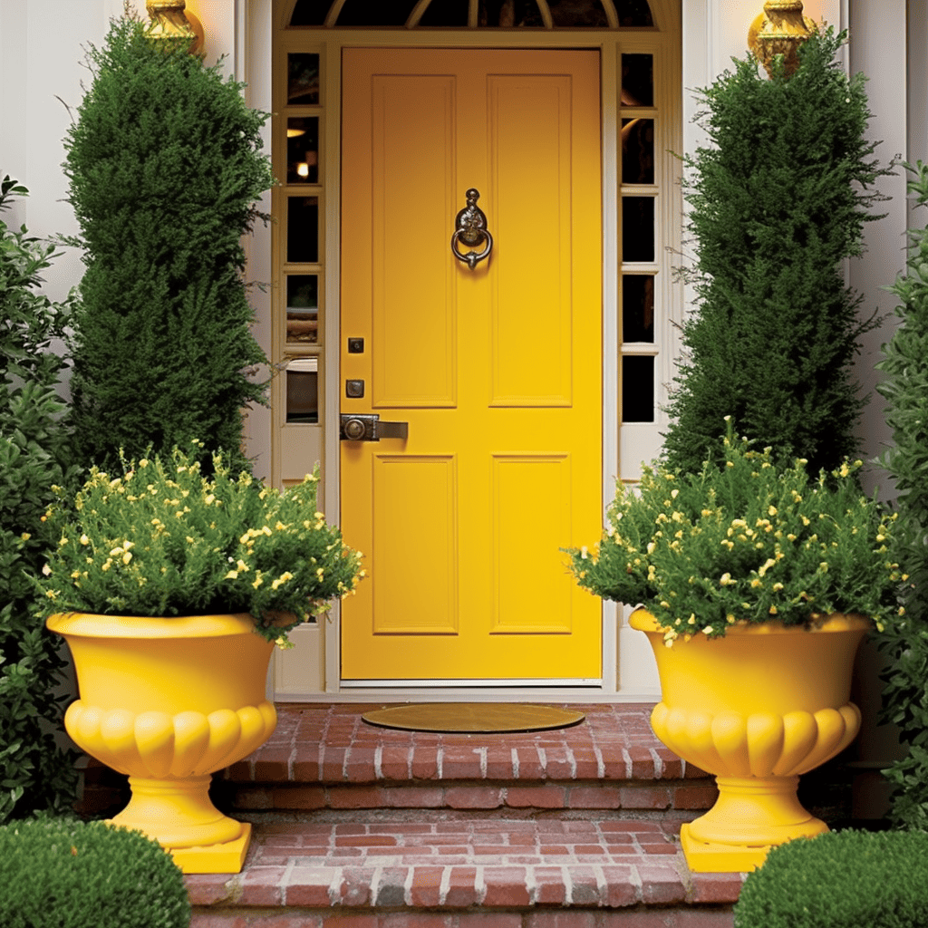 yellow front door with Evergreens like boxwood Add pots with Rosemary and salvia