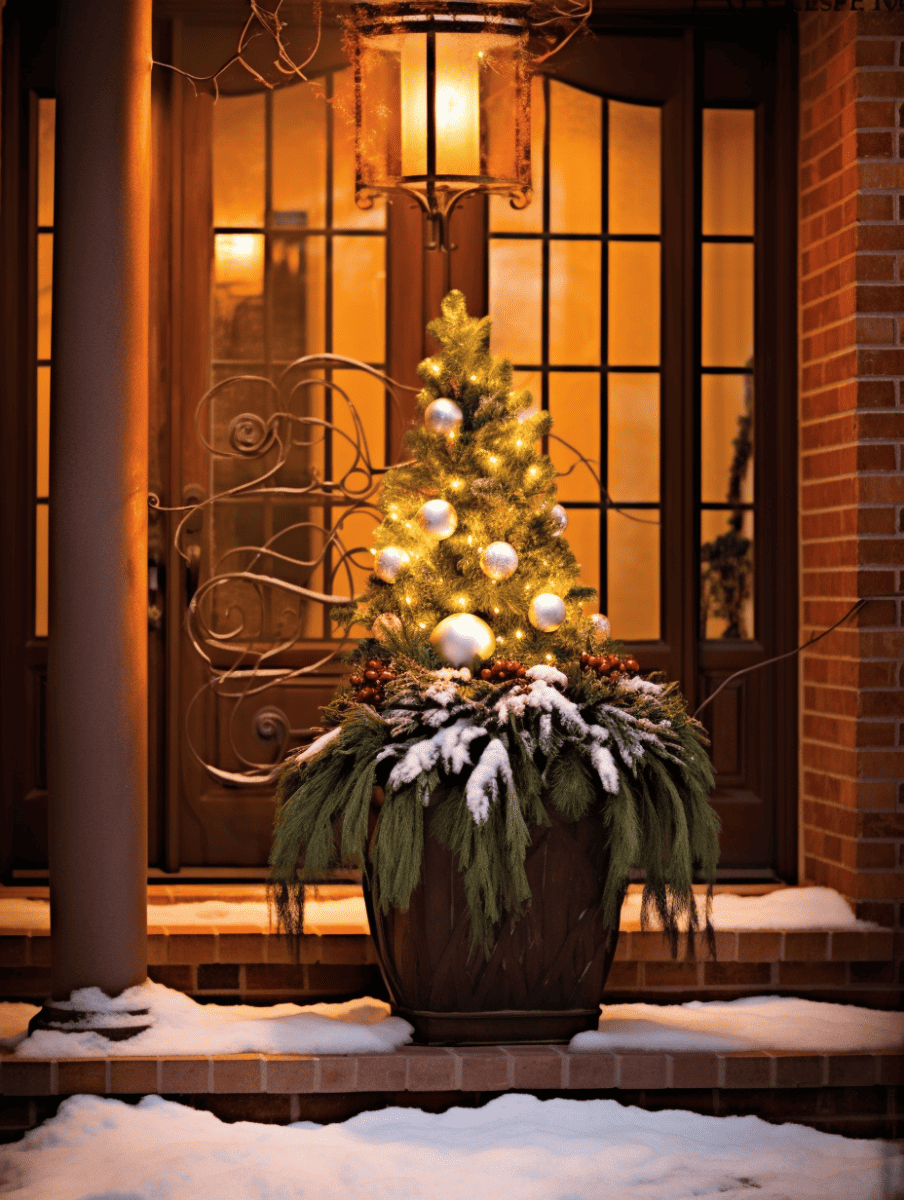 A warmly lit porch with a snow-dusted Spruce tree in a decorative planter, adorned with glowing lights and silver baubles, flanked by a classic wrought iron lantern and snow-covered steps, conveying a welcoming holiday atmosphere