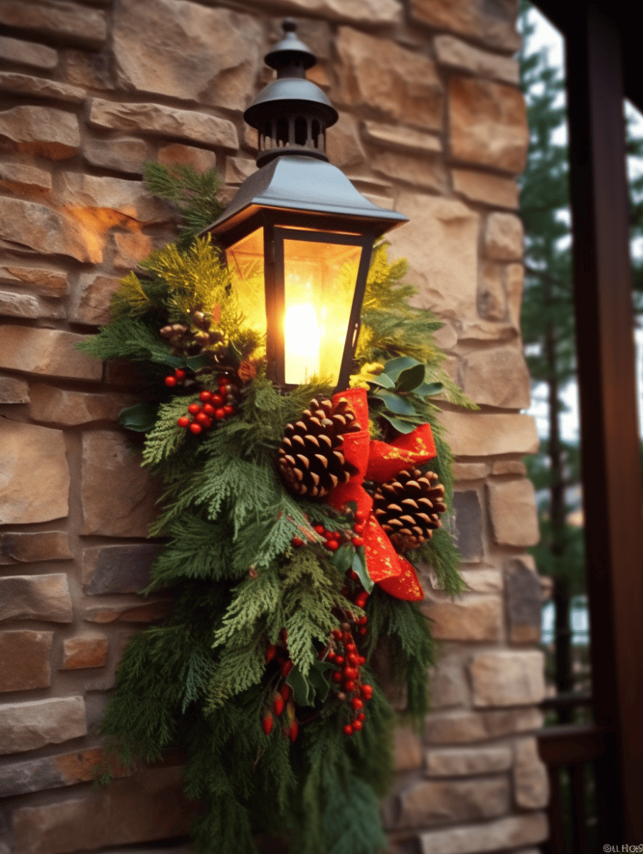 Outdoor lantern with festive greenery, pinecones, and red berries