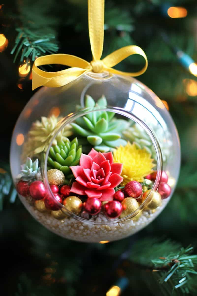 A small sphere with decorated with succulents and small Christmas balls