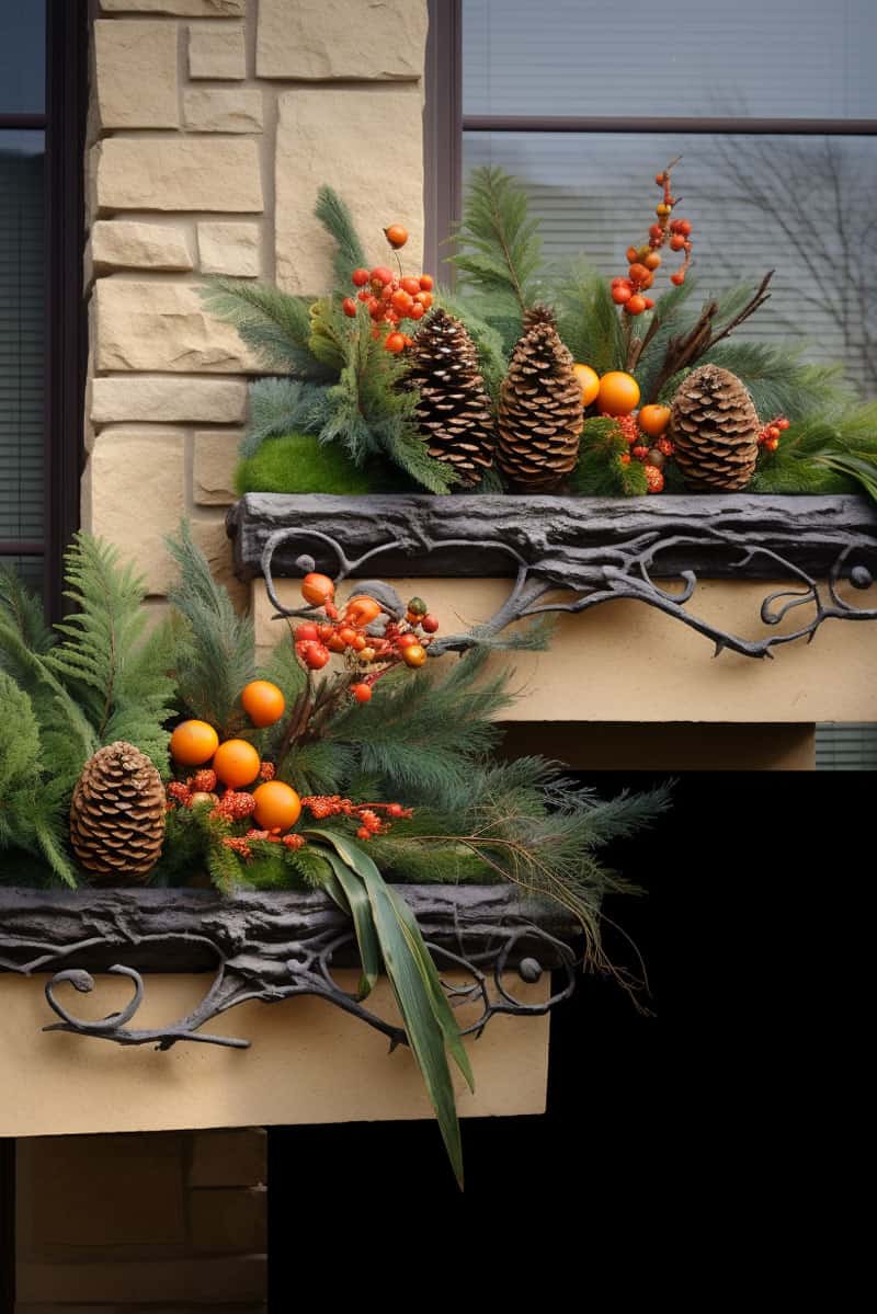 Gorgeous window boxes decorated with leaves and bright oranges 