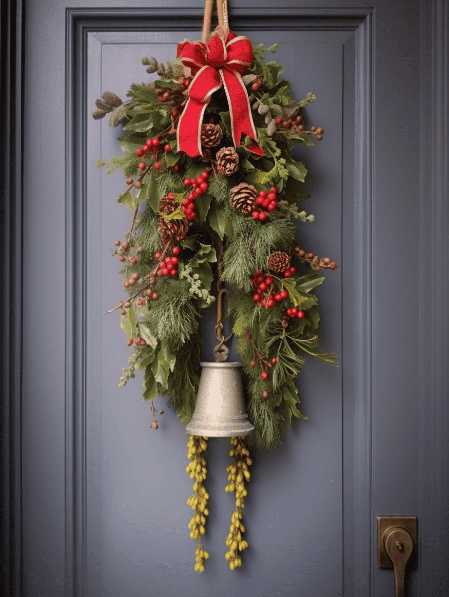 Displayed on a gray door, a festive door swag of lush greenery, accented with clusters of winter berries and a golden bell, is hung by a natural fiber rope