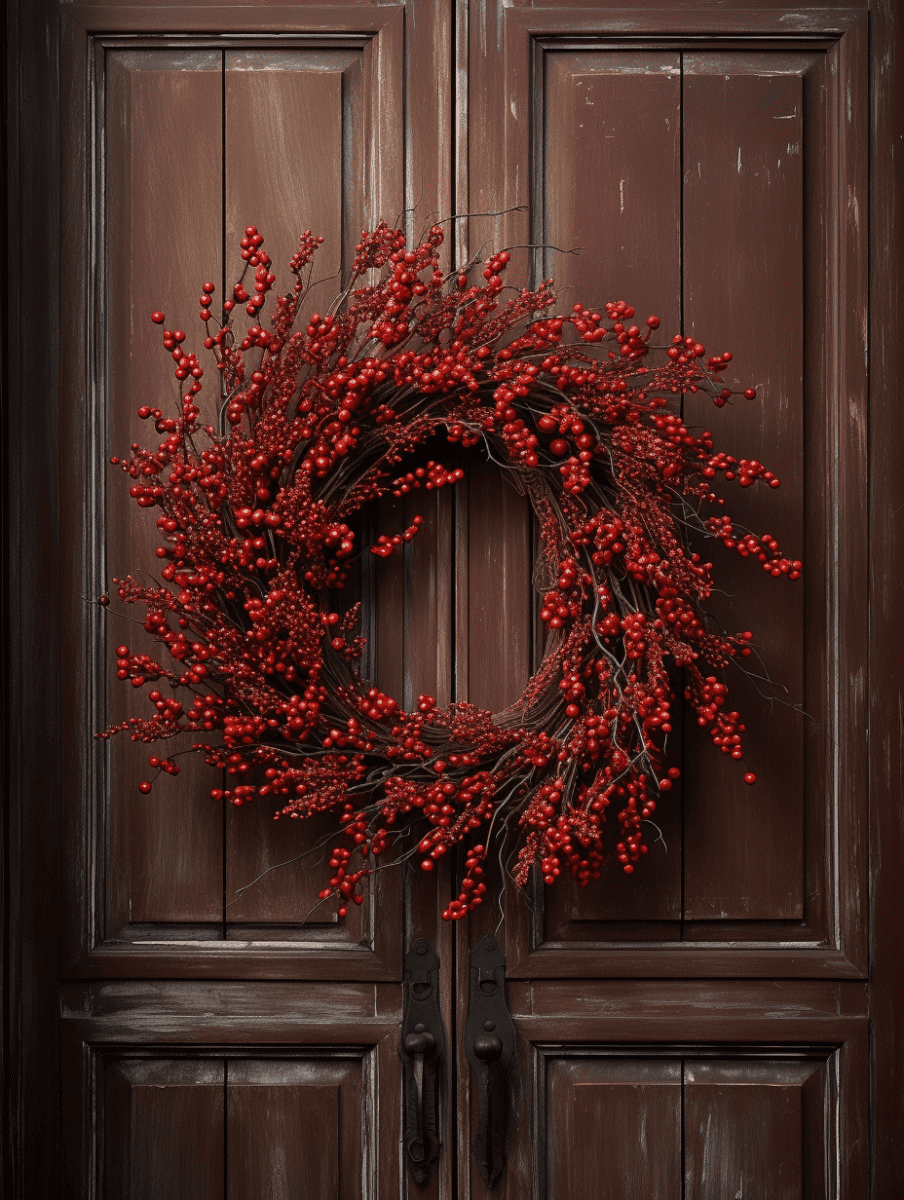 A festive wreath adorned with shiny winter berries and twisted branches hangs on a light brown door, its rich color popping against the wood panels