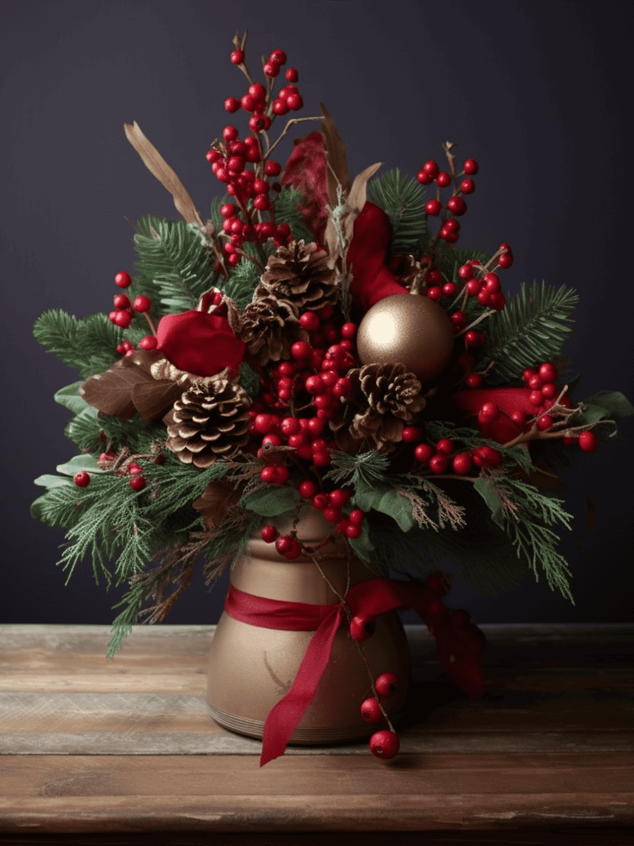 A festive floral arrangement, with a profusion of red winterberries, green pine foliage, and shiny red and gold ornaments, all nestled in a rustic brown pot tied with a ribbon