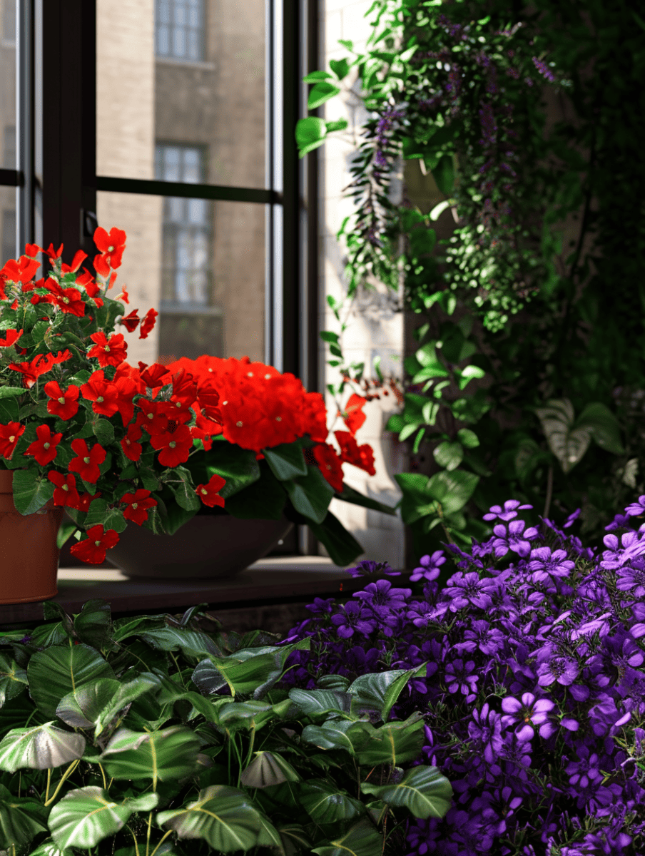 Foregrounded by a layer of deep purple flowers, this composition creates a secondary vivid layer with bright red blooms in a terracotta pot, set against a window that reflects an urban scene and is flanked by hanging green ivy ar 3:4