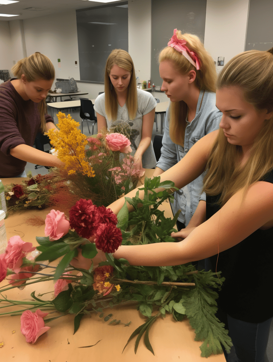 Four focused women arrange a variety of colorful flowers on a table, engaging in floral design in a classroom setting ar 3:4