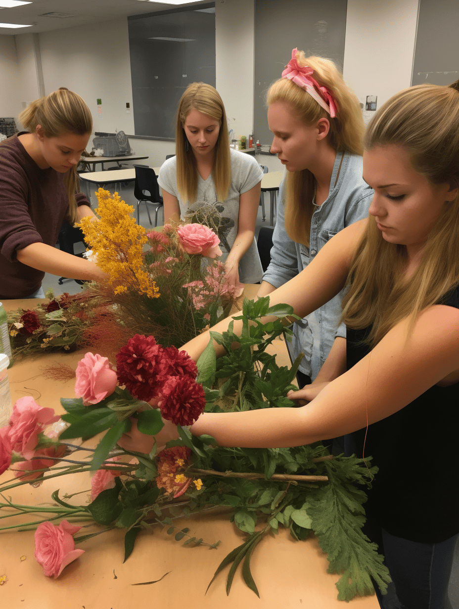 Four focused women arrange a variety of colorful flowers on a table, engaging in floral design in a classroom setting ar 3:4