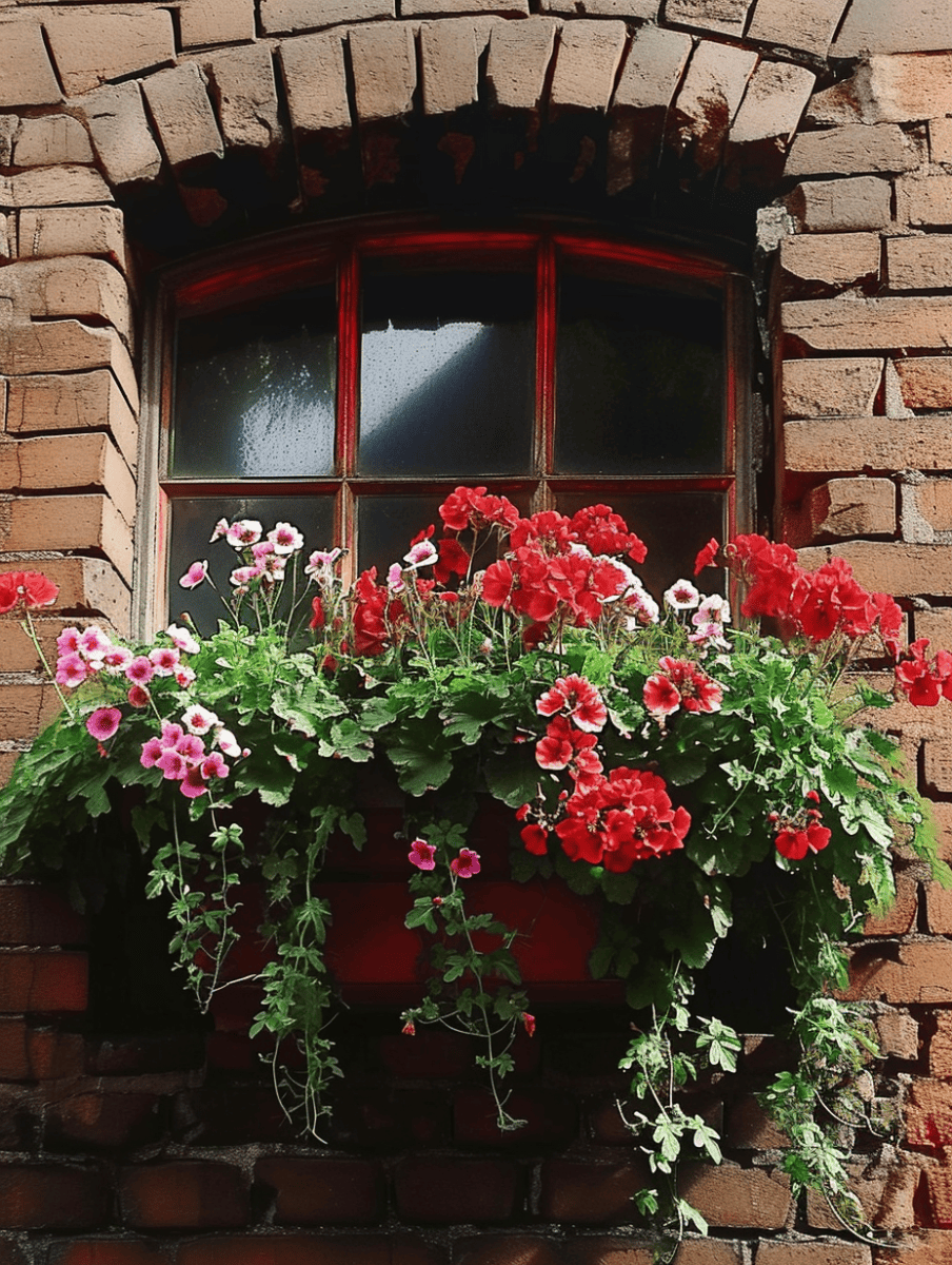 Framed by rustic red bricks and an arched lintel, a window with a red sill overflows with geraniums in vibrant shades of red and pink, their abundant blooms and foliage creating a picturesque contrast against the pane ar 3:4