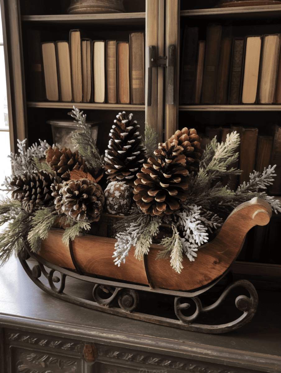 Wooden sleigh with pinecones and greenery in front of a bookcase
